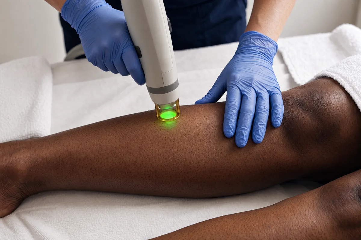 A practitioner guides the laser handpiece along a client's lower leg, steadying the skin.