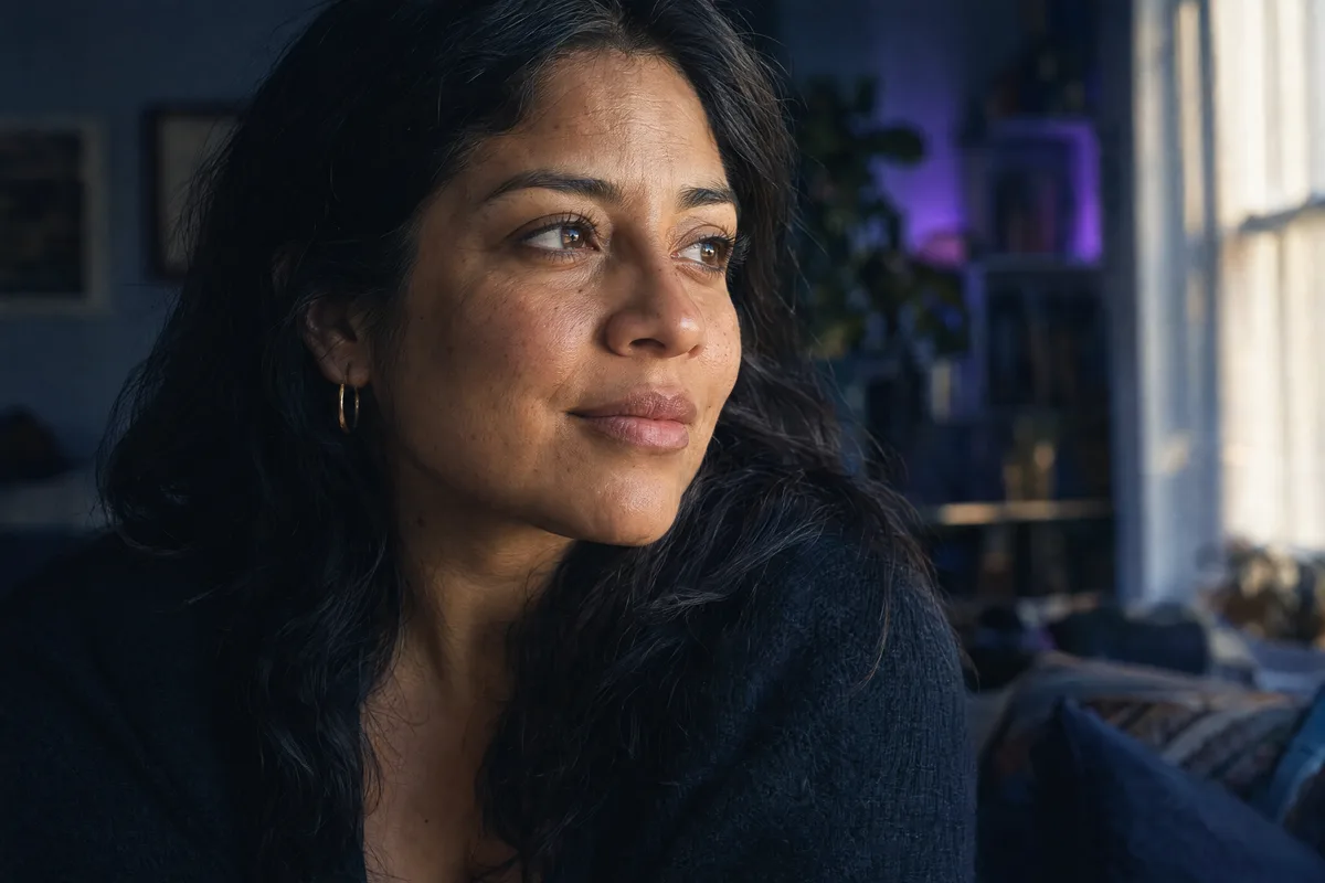 A woman turns toward the window light, the texture of her skin visible.