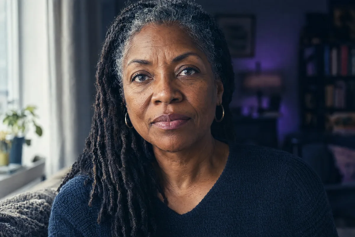A woman looks straight at the camera, her face at rest.
