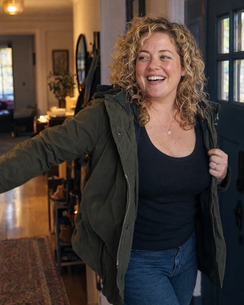 A woman laughs as she pulls on a jacket by the door.