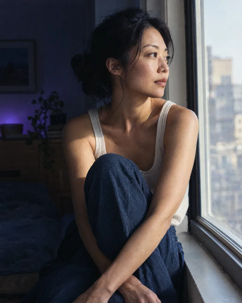 A woman sits on a windowsill, morning light across her face.