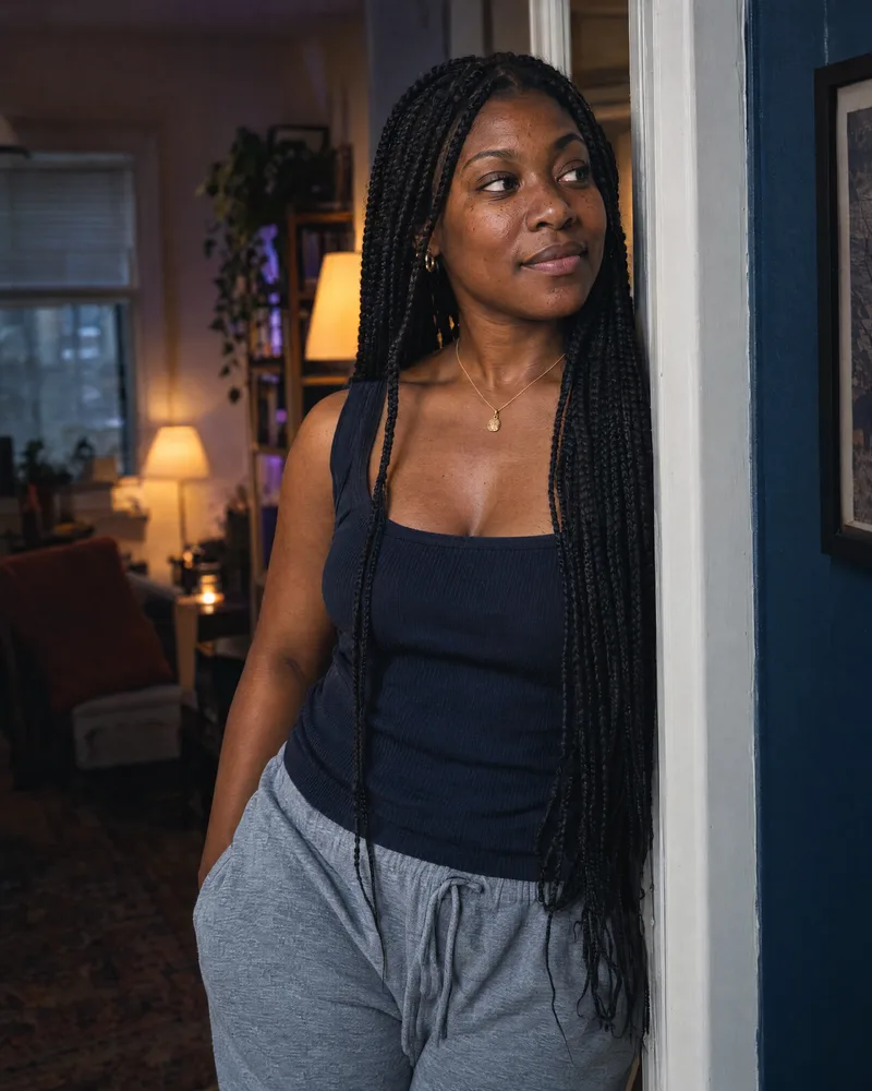 A woman leans in a doorway, looking off to one side.